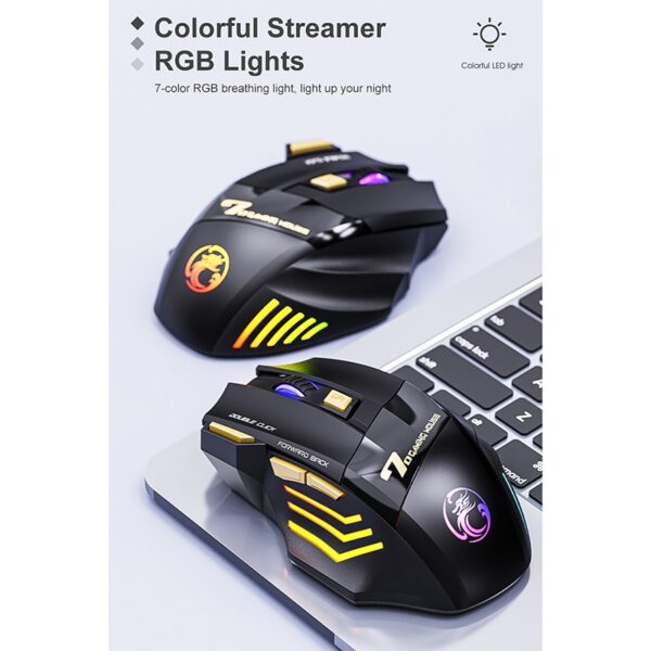 IMICE Souris de jeux sans fil rechargeable GW-X7 silencieux à 7 boutons RGB colorées