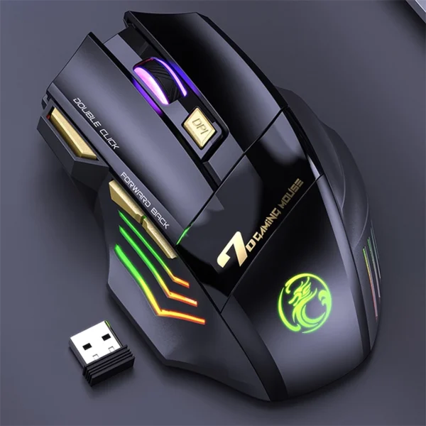 IMICE Souris de jeux sans fil rechargeable GW-X7 silencieux à 7 boutons RGB colorées