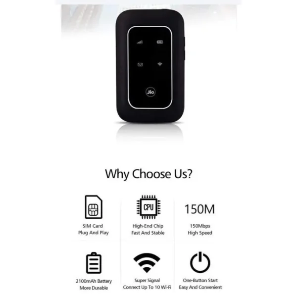 Jio Modem Routeur 4G LTE Carte SIM Mobile Hotspot Avec Batterie 2100mAh 10 heures