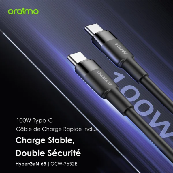 Oraimo HyperGaN 65W Chargeur Original USB-C 3 Ports – Charge Rapide GaN Compatible MacBook, iPhone, Galaxy, iPad Pro, et Plus avec Câble Type-C Inclus