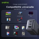 Oraimo HyperGaN 65W Chargeur Original USB-C 3 Ports – Charge Rapide GaN Compatible MacBook, iPhone, Galaxy, iPad Pro, et Plus avec Câble Type-C Inclus