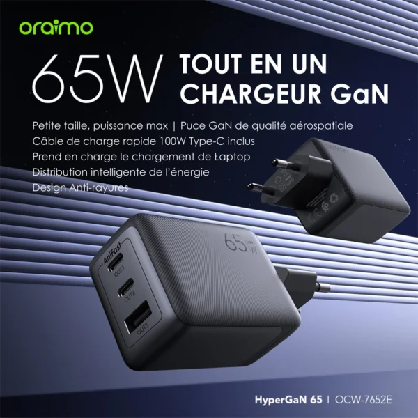 Oraimo HyperGaN 65W Chargeur Original USB-C 3 Ports – Charge Rapide GaN Compatible MacBook, iPhone, Galaxy, iPad Pro, et Plus avec Câble Type-C Inclus