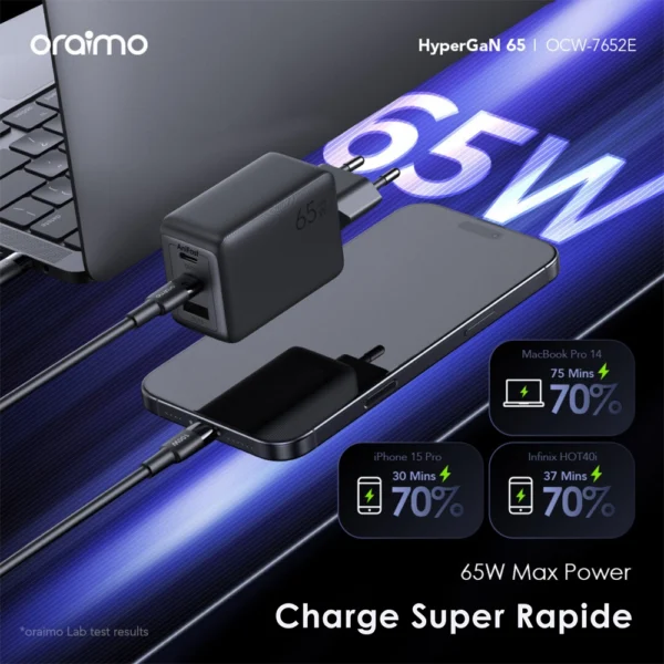 Oraimo HyperGaN 65W Chargeur Original USB-C 3 Ports – Charge Rapide GaN Compatible MacBook, iPhone, Galaxy, iPad Pro, et Plus avec Câble Type-C Inclus