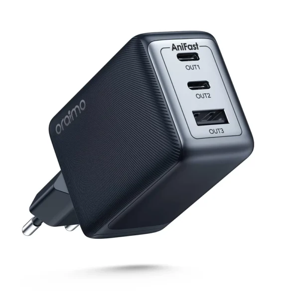 Oraimo HyperGaN 65W Chargeur Original USB-C 3 Ports – Charge Rapide GaN Compatible MacBook, iPhone, Galaxy, iPad Pro, et Plus avec Câble Type-C Inclus