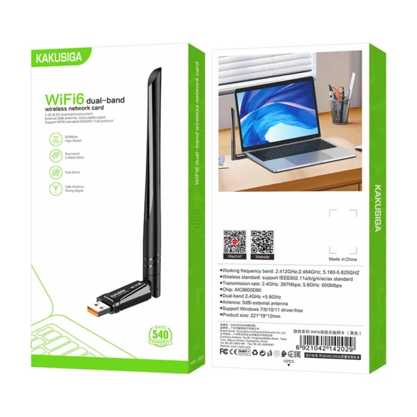 KAKUSIGA Clé WiFi WIFI6 Dual-Band - Carte Réseau Sans Fil Ultra-Rapide 2,4 GHz et 5,8 GHz