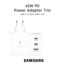 Samsung Chargeur Ultra Rapide Trio 65W Original avec Câble Type-C to Type-C – Double USB Type-C + USB Type-A, Super Fast Charging 2.0, Adaptateur secteur