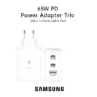 Samsung Chargeur Ultra Rapide Trio 65W Original avec Câble Type-C to Type-C – Double USB Type-C + USB Type-A, Super Fast Charging 2.0, Adaptateur secteur