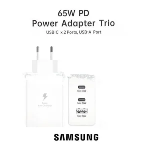 Chargeur Samsung Chargeur Ultra Rapide Trio 65W Original avec Câble Type-C to Type-C – Double USB Type-C + USB Type-A, Super Fast Charging 2.0, Adaptateur secteur
