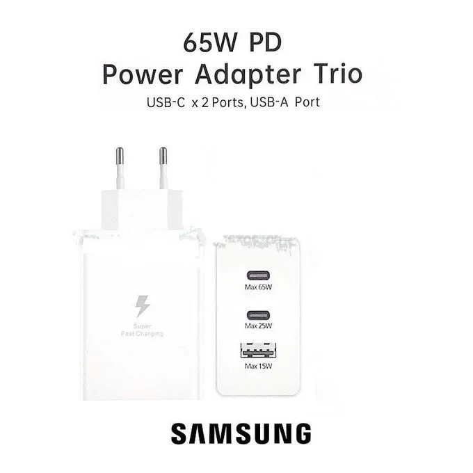 Chargeur Samsung Chargeur Ultra Rapide Trio 65W Original avec Câble Type-C to Type-C – Double USB Type-C + USB Type-A, Super Fast Charging 2.0, Adaptateur secteur