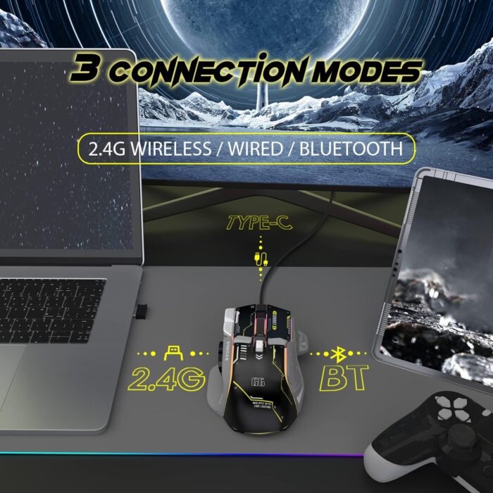 KUIYN G6 Tri-Mode Gaming Mouse – Souris Gaming Haute Précision 2.4G, Bluetooth & Filaire avec 11 RGB Backlit & 10 Boutons Programmables