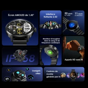 Oraimo Watch 5R Pro AMOLED 1,43" – Montre Intelligente Premium IP68 avec Appels HD & Suivi Santé 24/7