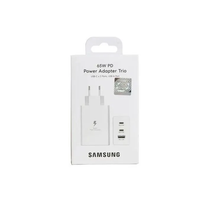 Samsung Samsung Chargeur Ultra Rapide Trio 65W Original avec Câble Type-C to Type-C – Double USB Type-C + USB Type-A, Super Fast Charging 2.0, Adaptateur secteur