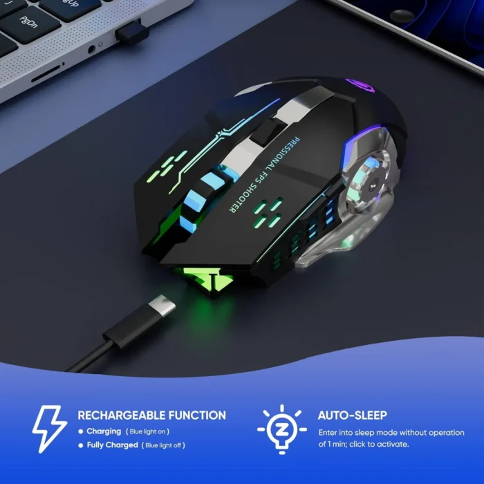 Souris Gaming Sans Fil RGB – Bluetooth & 2.4G, Rechargeable, 6 Boutons, 7 Couleurs LED & Clic Silencieux Souris Gaming Sans Fil RGB – Bluetooth & 2.4G, Rechargeable, 6 Boutons, 7 Couleurs LED & Clic Silencieux