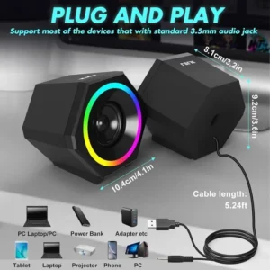Kisonli L-6060 – Haut-parleurs Gaming RGB USB Stéréo pour PC et Ordinateur de Bureau – Son Clair et Puissant