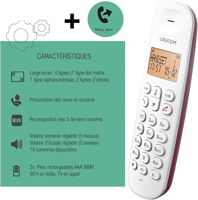 combiné-sans-fil-iloa-150-avec-bas LOGICOM Téléphone sans fil Iloa 150 DECT Solo Blanc avec Mains Libres – Autonomie 90h