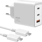 Samsung Chargeur Ultra Rapide Trio 65W Original avec Câble Type-C to Type-C – Double USB Type-C + USB Type-A, Super Fast Charging 2.0, Adaptateur secteur