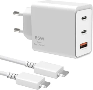 Samsung Chargeur Ultra Rapide Trio 65W Original avec Câble Type-C to Type-C – Double USB Type-C + USB Type-A, Super Fast Charging 2.0, Adaptateur secteur