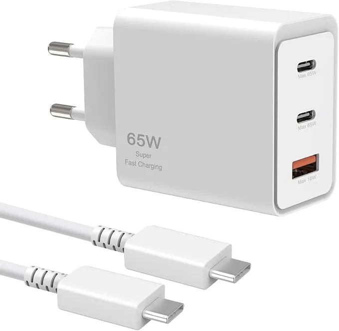 samsung-chargeur-original-65w-cable-inclus Samsung Chargeur Ultra Rapide Trio 65W Original avec Câble Type-C to Type-C – Double USB Type-C + USB Type-A, Super Fast Charging 2.0, Adaptateur secteur