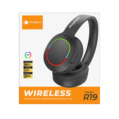 Deep Bass R19-L Deep Bass R19 – Casque Bluetooth V5.3 Sans Fil avec Carte TF, FM Radio & Lumières RGB
