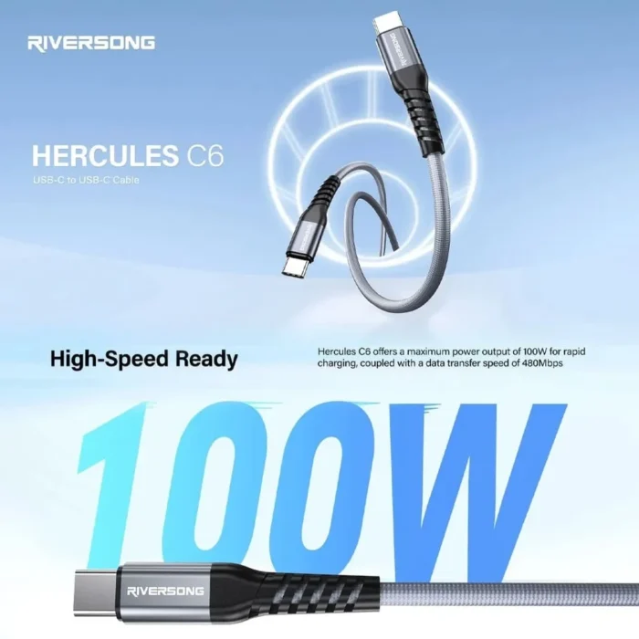 hercules-c6-1-2m-charge-rapide-garantie-1-an RIVERSONG Câble Hercules C6 USB-C vers USB-C 100W | Fast Charging, 1.2m Gray | 480Mbps Data Transfer